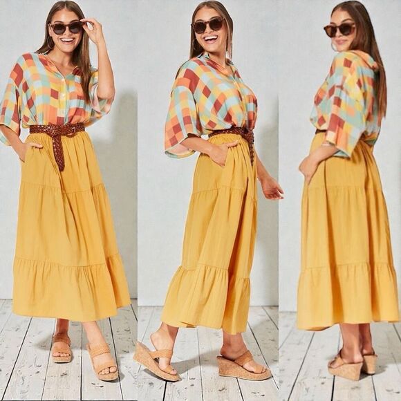 Very J Dresses & Skirts - Boho Tiered Midi Skirt w/ Pockets & Elastic Waist |  Yellow | Very J | NWT L